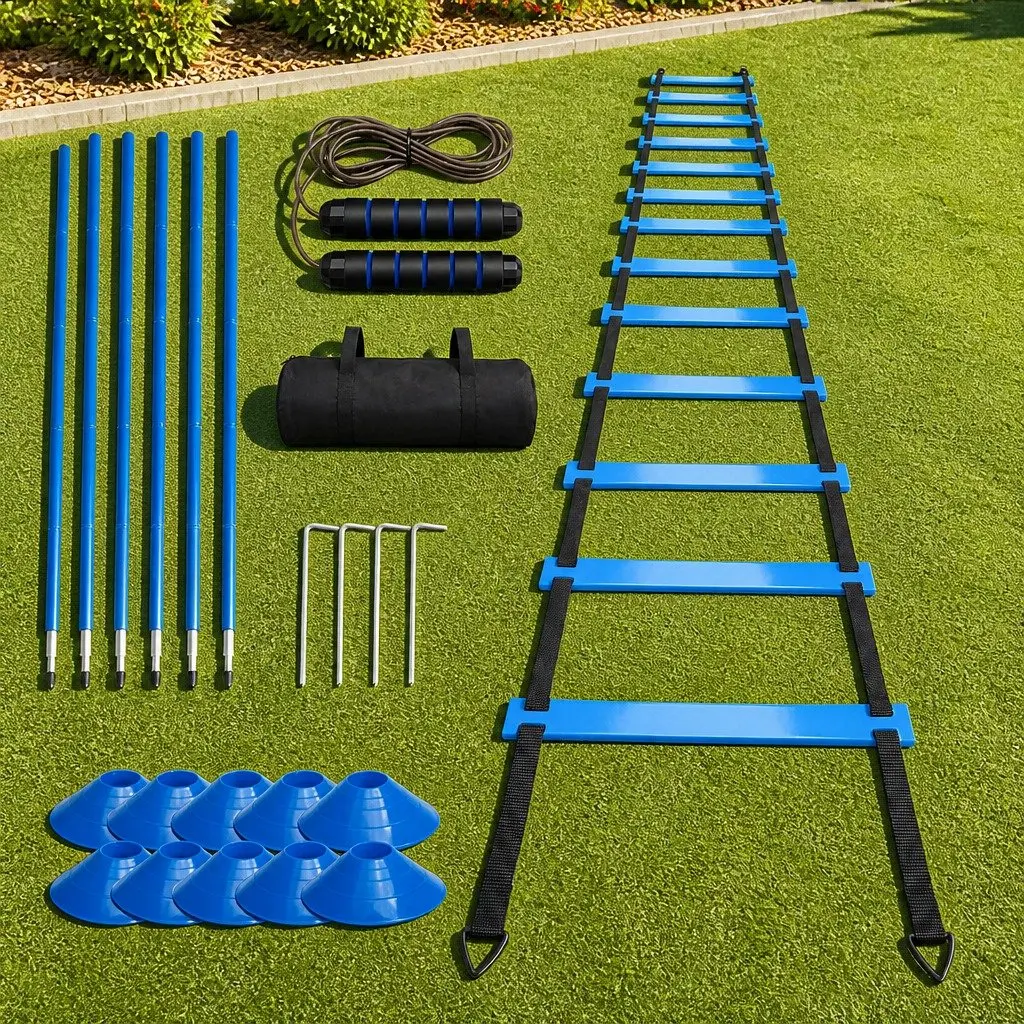 Agility Training Set PVC 6m Ladder 6 Poles 10 Cones 2.8m Jump Rope Blue and Black