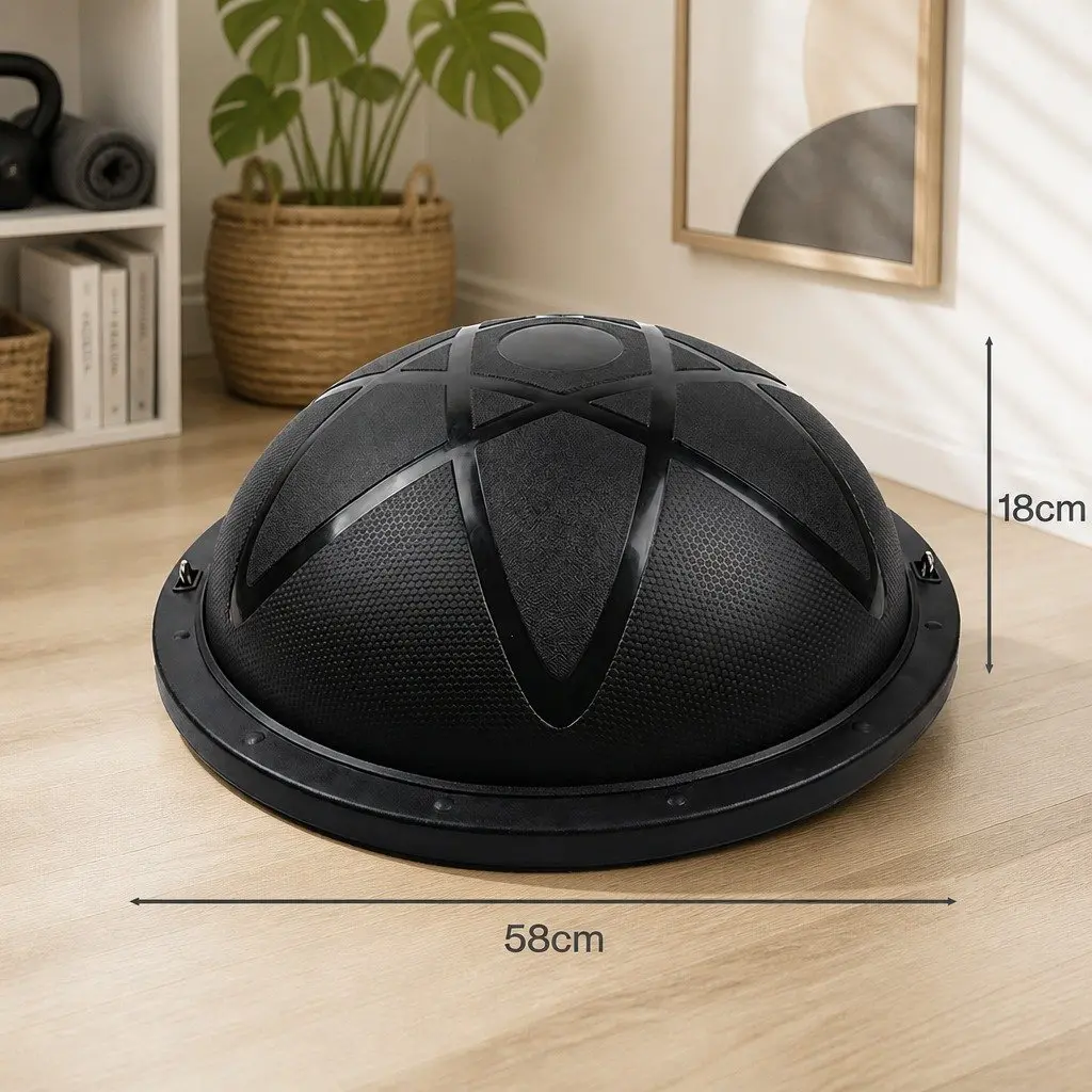 Half Balance Ball PVC 58cm Black Yoga Core Trainer with 2 Resistance Bands