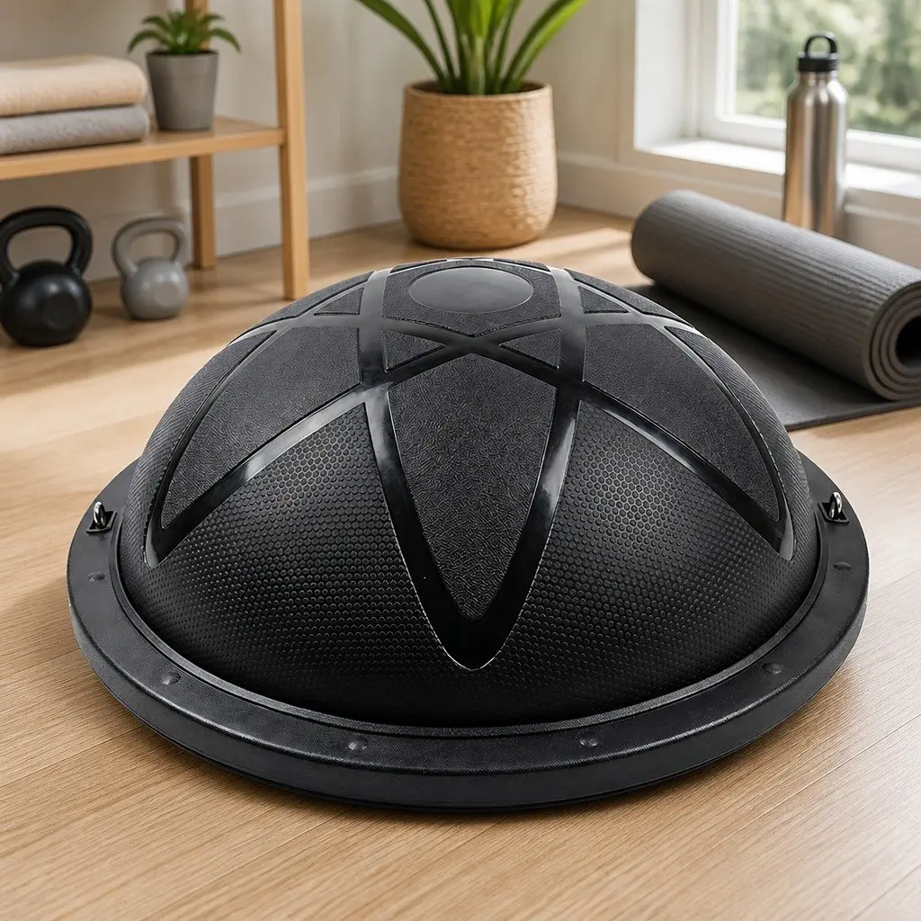 Half Balance Ball PVC 58cm Black Yoga Core Trainer with 2 Resistance Bands