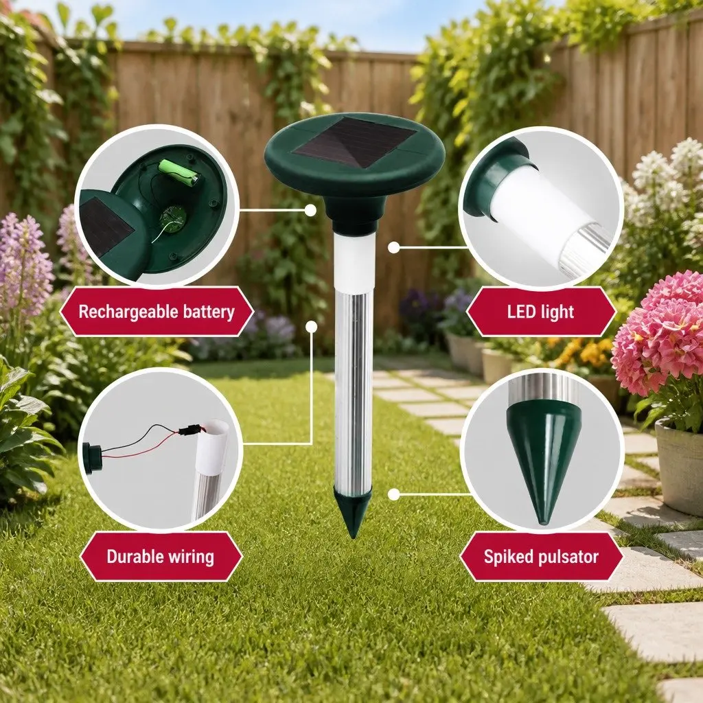 LED Solar Snake Repeller Ultrasonic Pest Deterrent Heavy Duty ABS Plastic Black 6 Piece