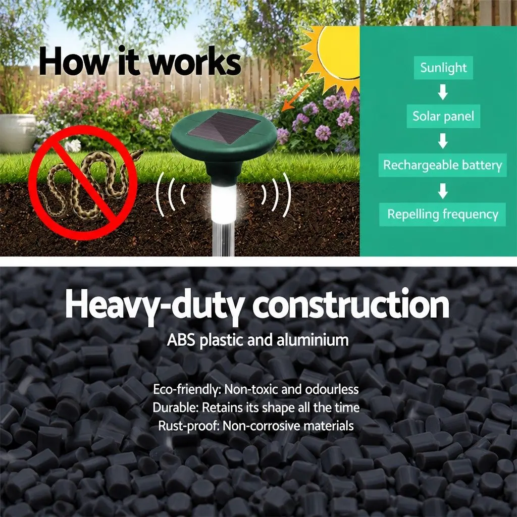 LED Solar Snake Repeller Ultrasonic Pest Deterrent Heavy Duty ABS Plastic Black 6 Piece