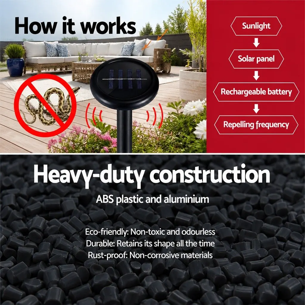 8 Piece Ultrasonic Solar Powered Snake Repeller Black Weatherproof Garden Yard Farm Pest Control Device