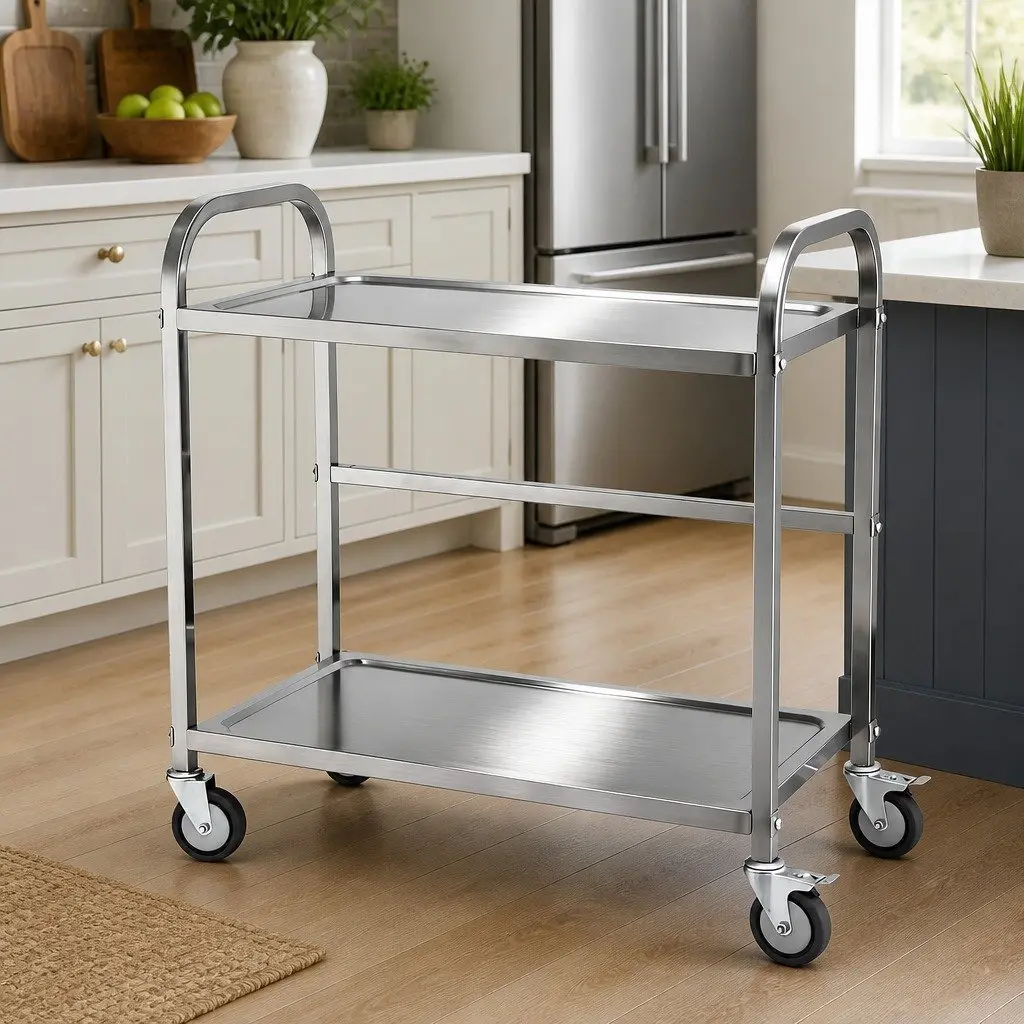 2-Tier Stainless Steel Kitchen Trolley with Wheels