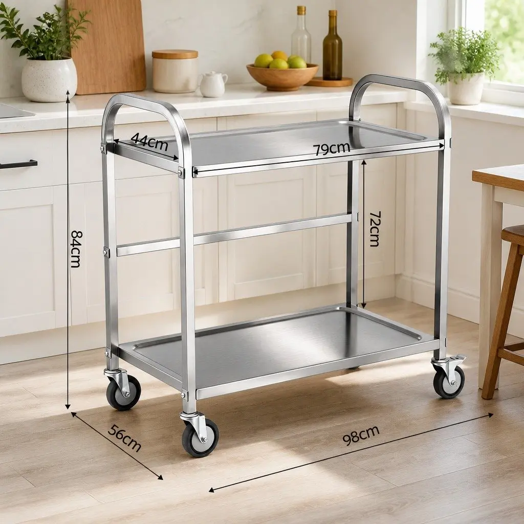 2-Tier Stainless Steel Kitchen Trolley Silver 84cm x 56cm x 98cm