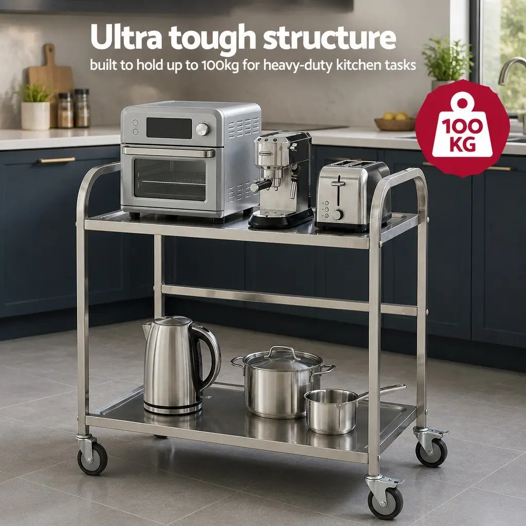 2-Tier Stainless Steel Kitchen Trolley Silver 84cm x 56cm x 98cm
