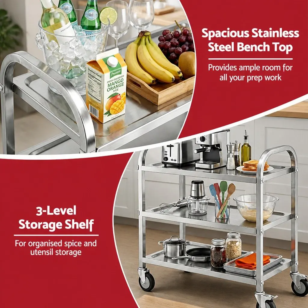 3-Tier Stainless Steel Kitchen Trolley Rolling Cart Silver
