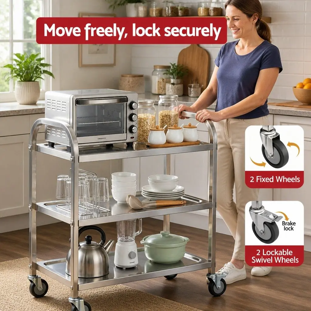3-Tier Stainless Steel Kitchen Trolley Rolling Cart Silver