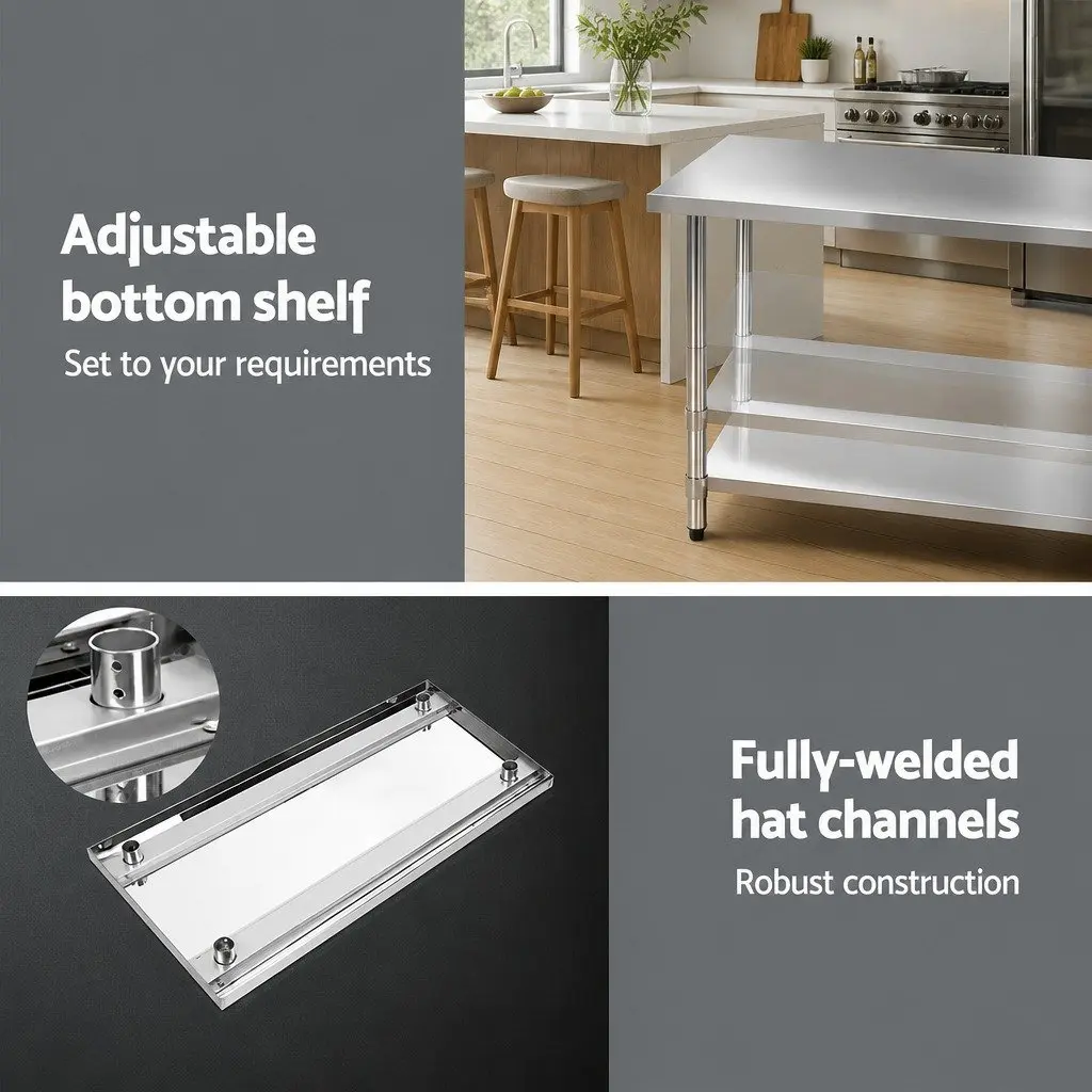 Stainless Steel Kitchen Work Bench 1219x610mm Heavy Duty Adjustable for Food Preparation