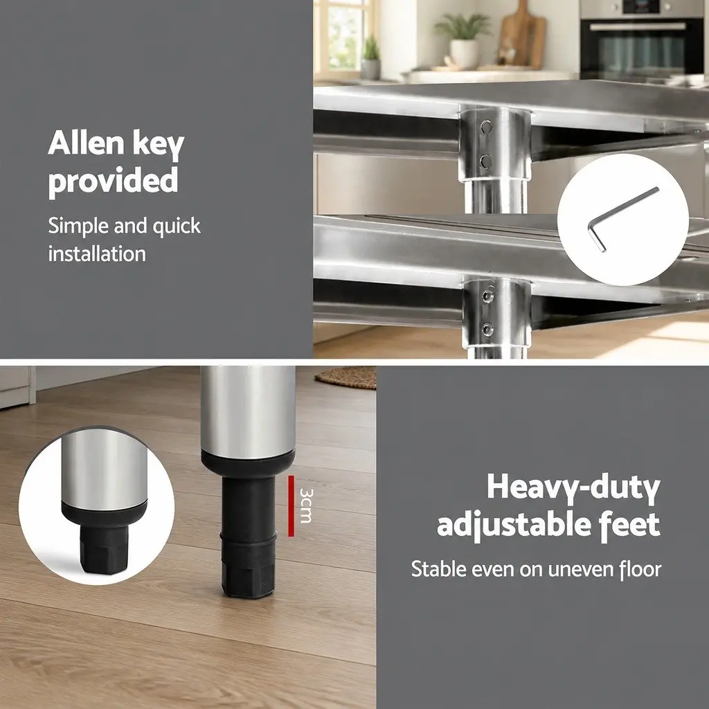 Stainless Steel Kitchen Work Bench 1219x610mm Heavy Duty Adjustable for Food Preparation