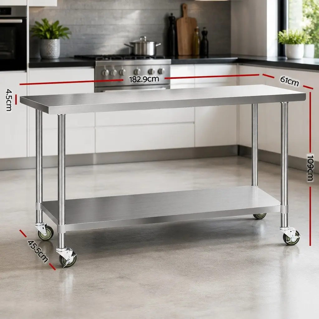 Stainless Steel Kitchen Bench 1829x610mm Silver Movable Work Table