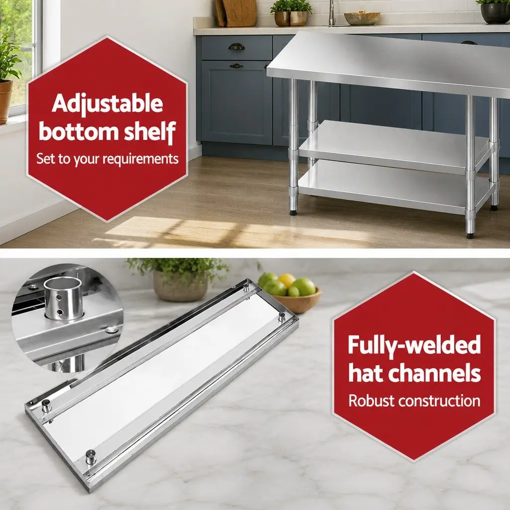Kitchen Workbench Adjustable Stainless Steel 1829x760mm with Castor Wheels and Storage Shelf