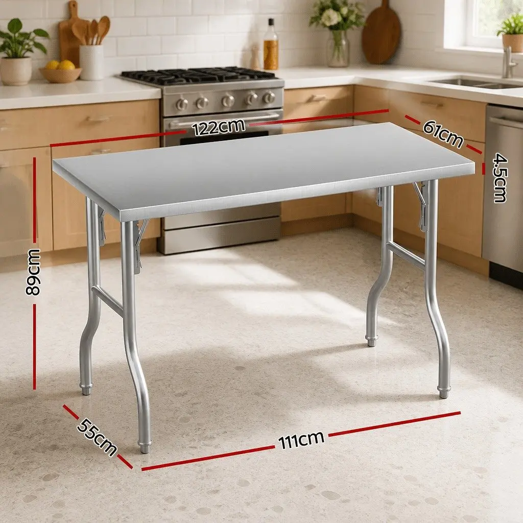 Stainless Steel Work Bench Foldable Food Prep Table Adjustable Feet Silver 122 x 61 x 89 cm