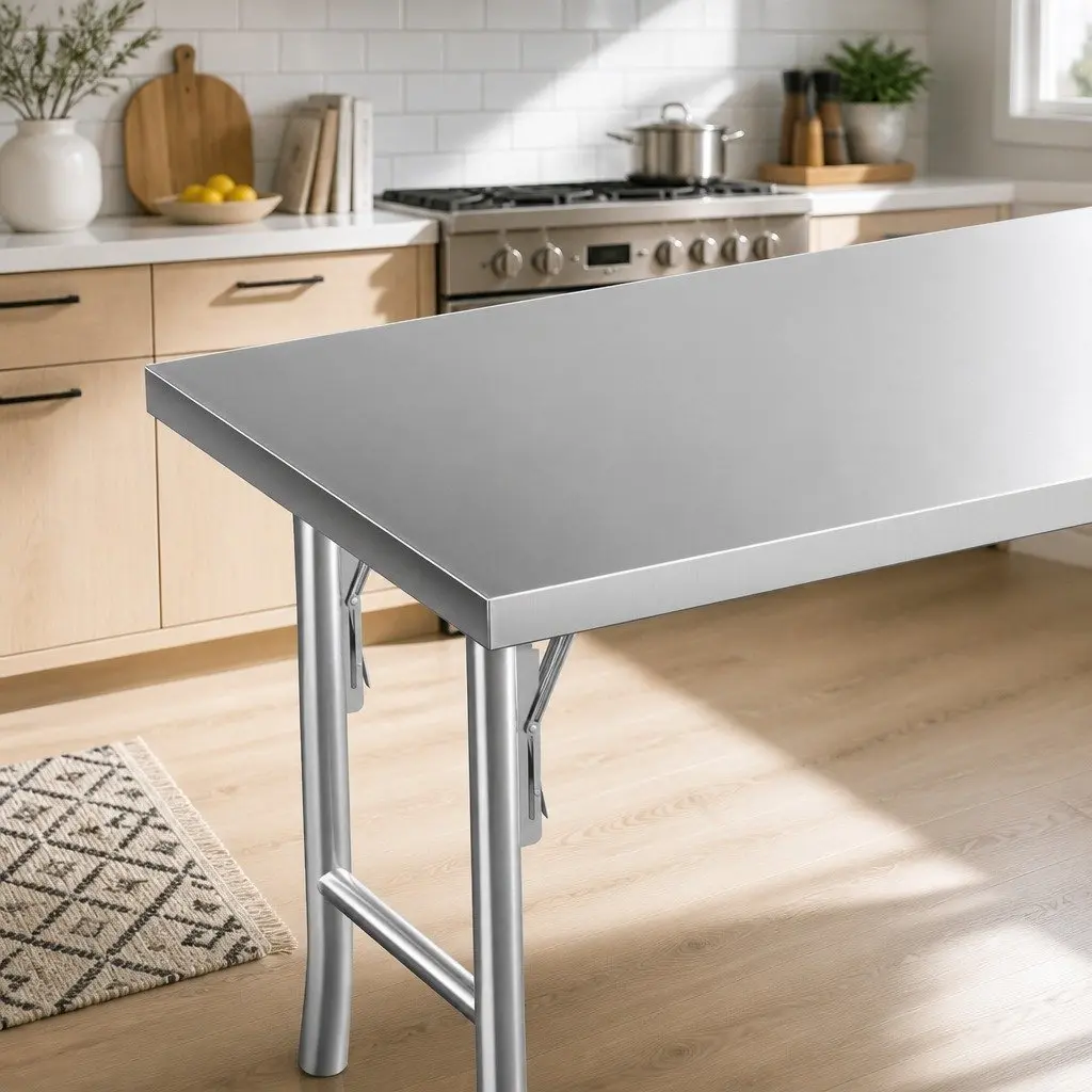 Stainless Steel Work Bench Foldable Food Prep Table Adjustable Feet Silver 122 x 61 x 89 cm