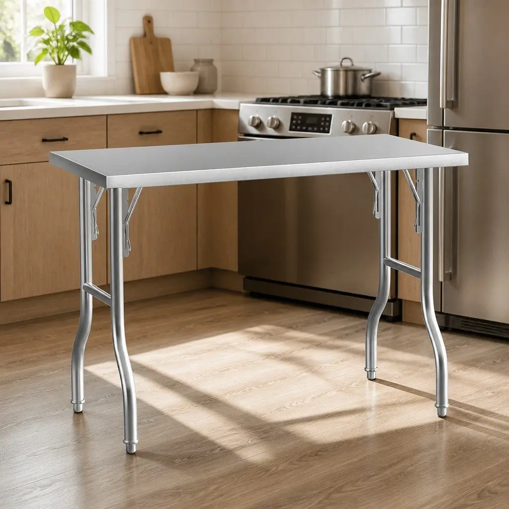 Stainless Steel Work Bench Foldable Food Prep Table Adjustable Feet Silver 122 x 61 x 89 cm