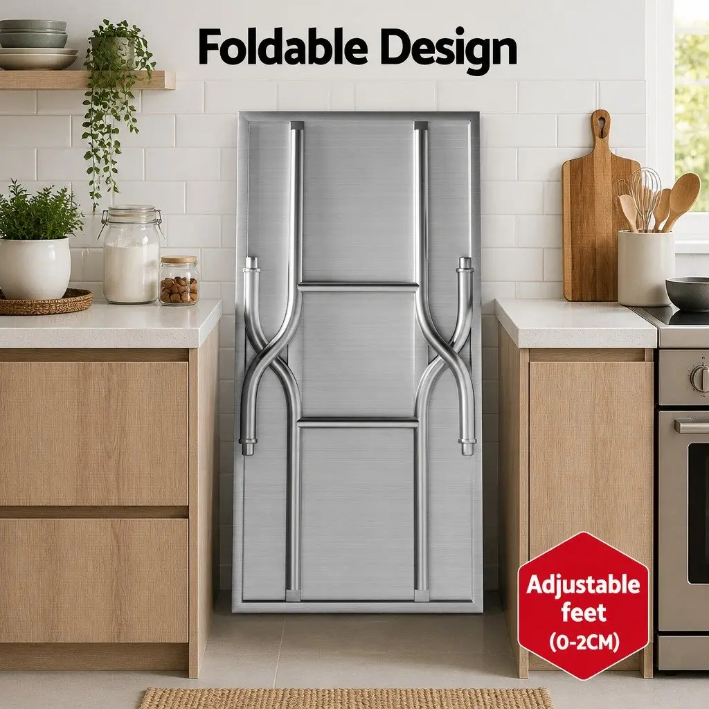 Stainless Steel Work Bench Foldable Food Prep Table Adjustable Feet Silver 122 x 61 x 89 cm