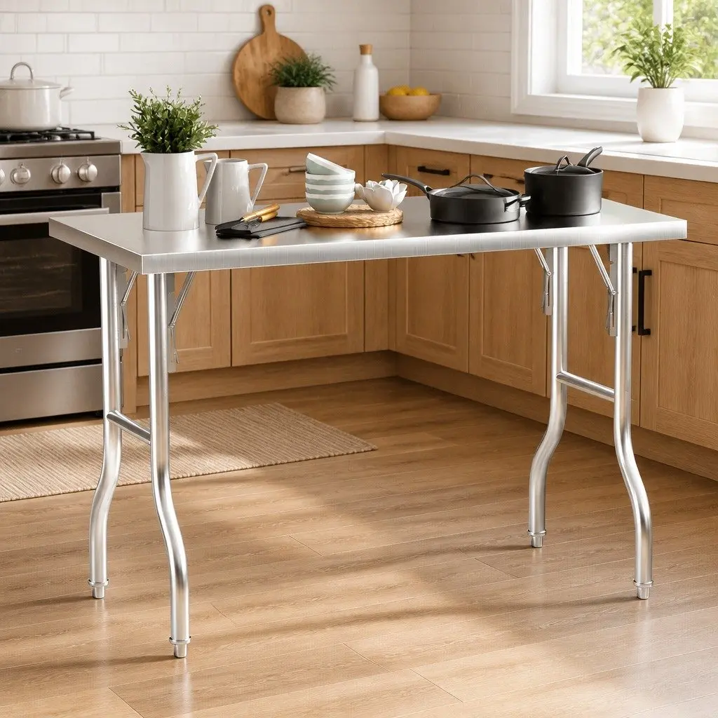 Stainless Steel Work Bench Foldable Food Prep Table Adjustable Feet Silver 122 x 61 x 89 cm