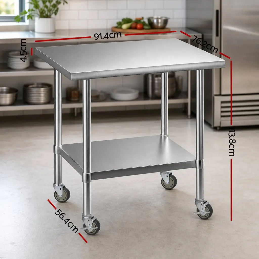 Stainless Steel Kitchen Prep Table 914x762mm with Wheels