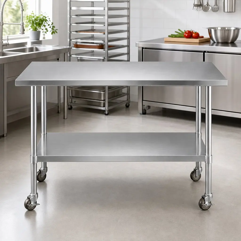 Stainless Steel Work Bench with Wheels and Splashback