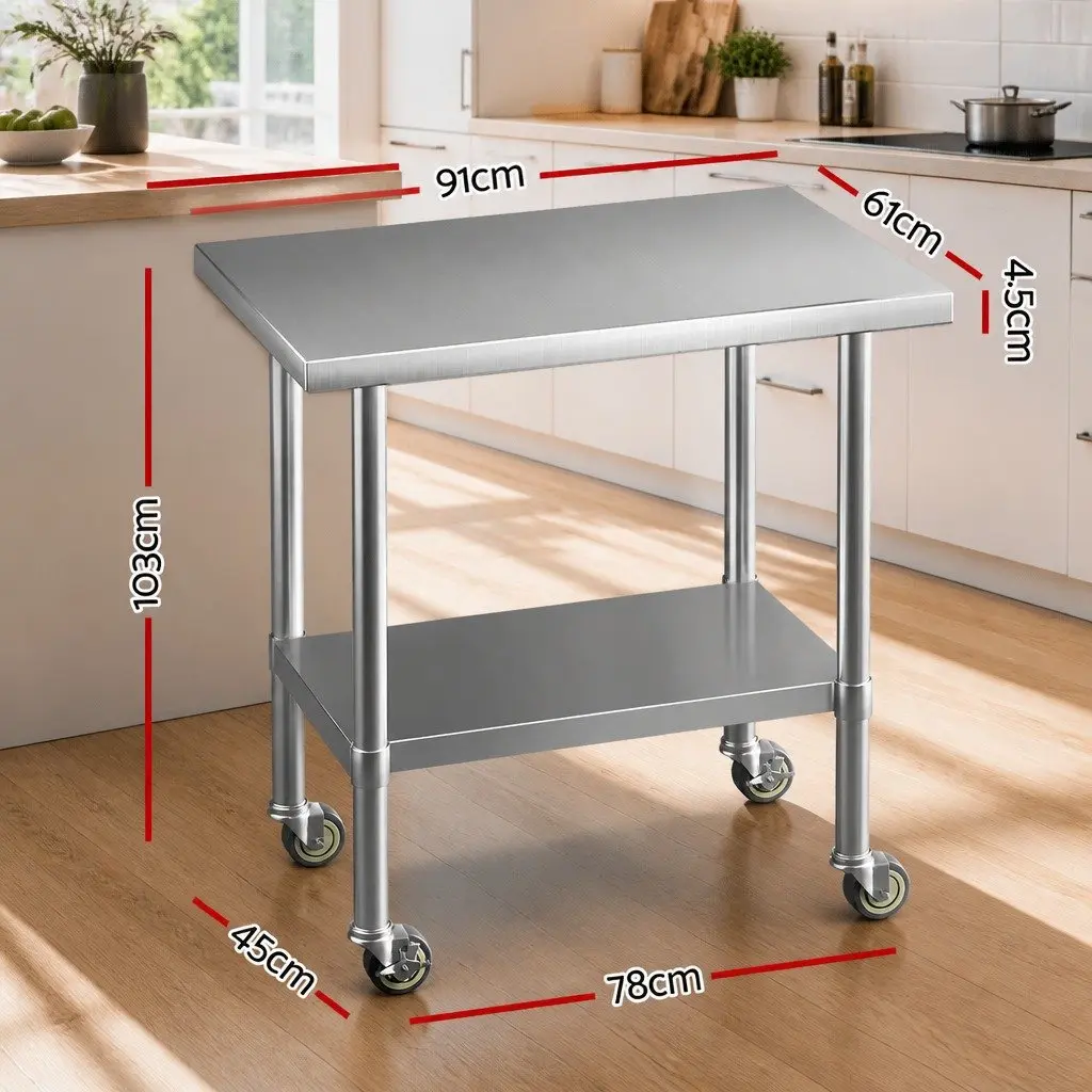 Kitchen Workbench Stainless Steel 91x61cm Adjustable Shelf on Wheels