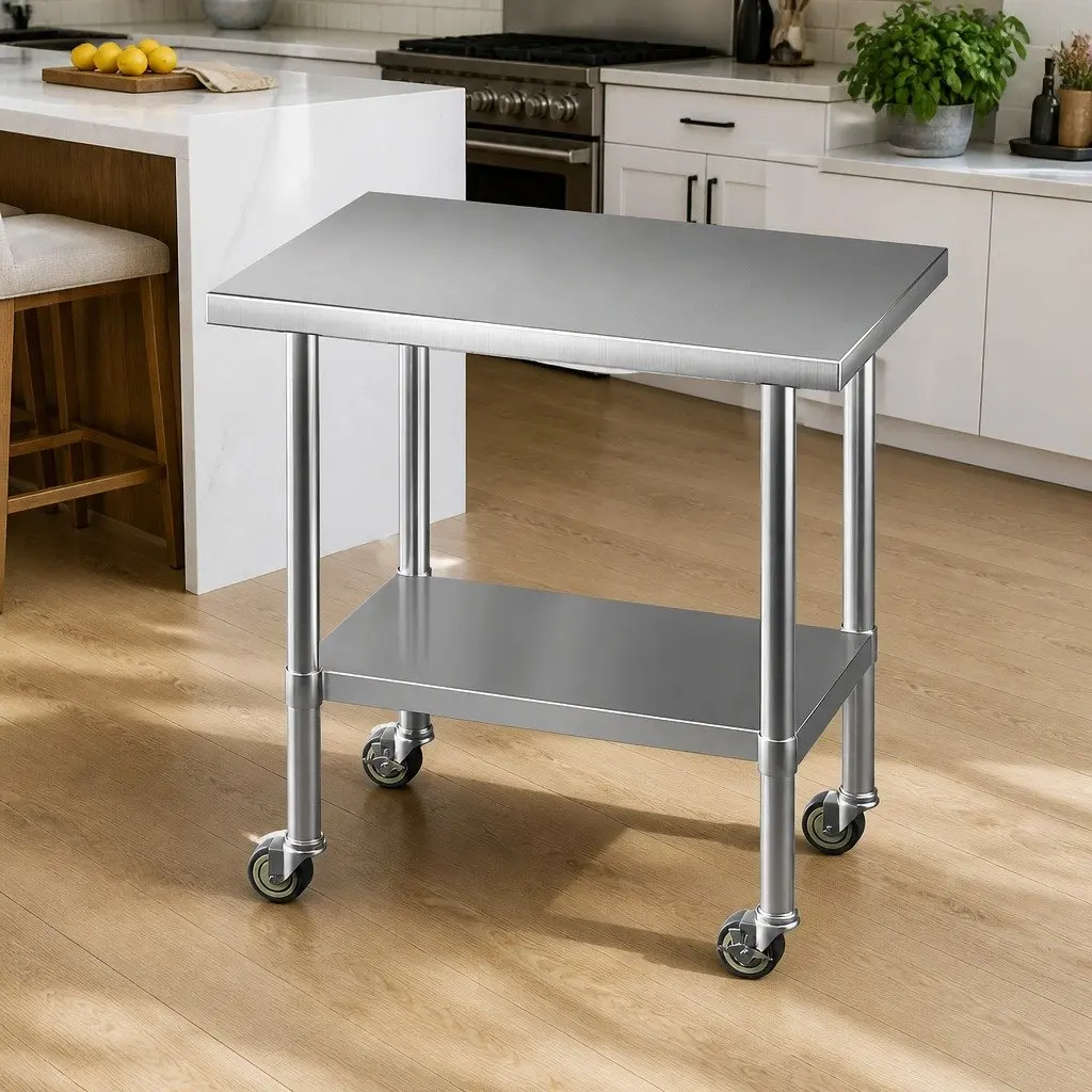 Kitchen Workbench Stainless Steel 91x61cm Adjustable Shelf on Wheels