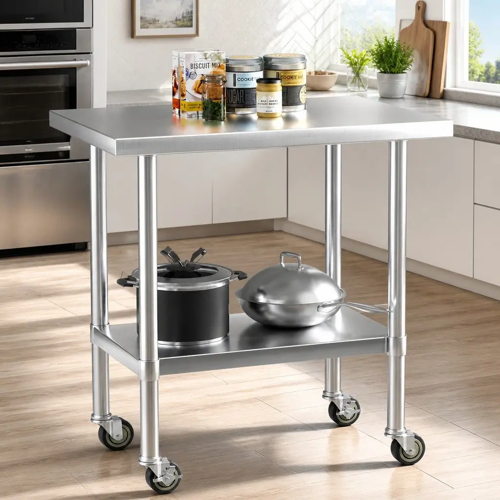 Kitchen Workbench Stainless Steel 91x61cm Adjustable Shelf on Wheels