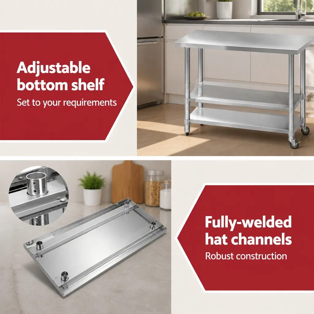 Stainless Steel Kitchen Bench with Lockable Wheels