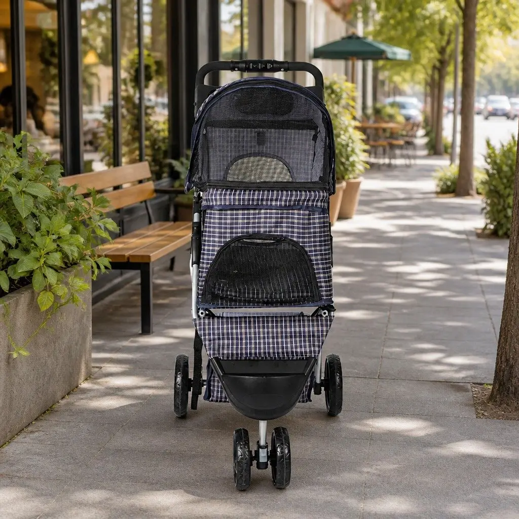 Large Pet Stroller Dog Cat Carrier Plaid Foldable Pram One-Step Fold Wheel