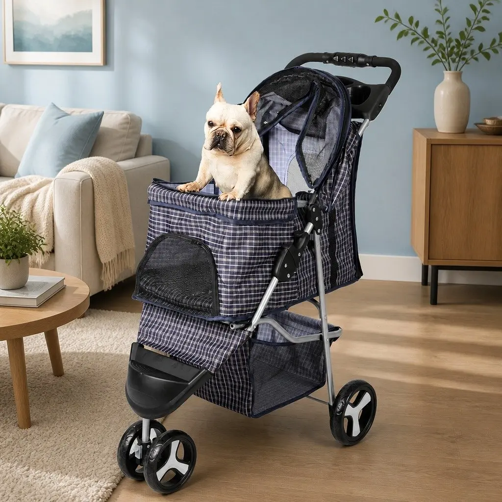 Large Pet Stroller Dog Cat Carrier Plaid Foldable Pram One-Step Fold Wheel