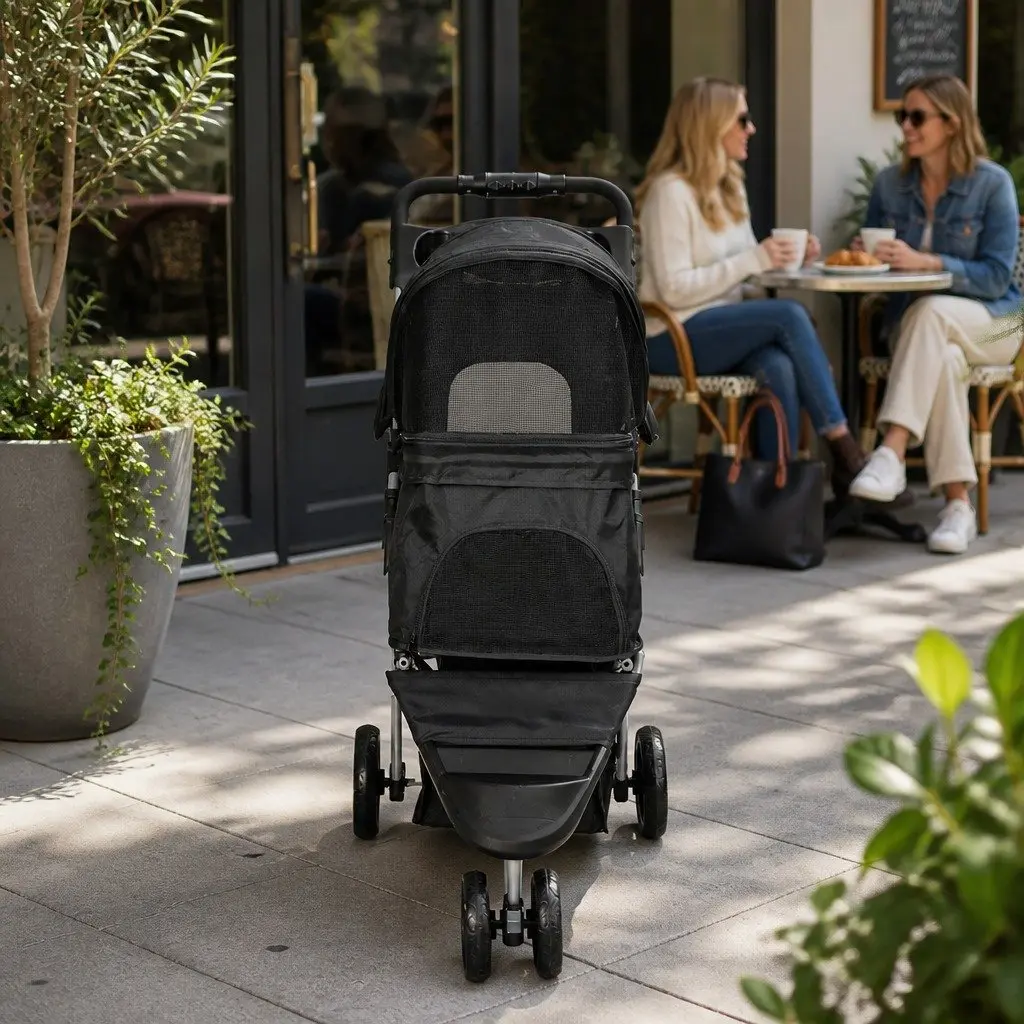 Pet Stroller Oxford Fabric Large Black Foldable Removable Cushion