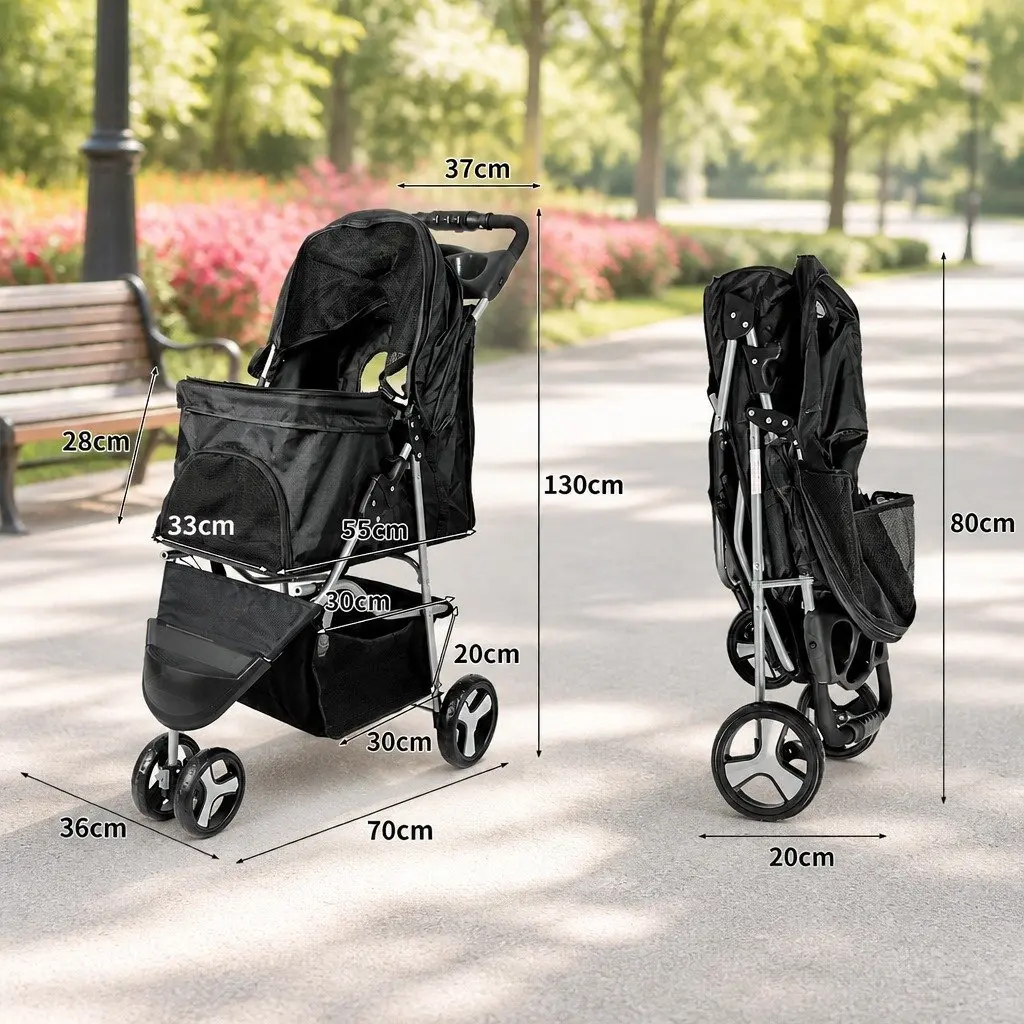 Pet Stroller Oxford Fabric Large Black Foldable Removable Cushion
