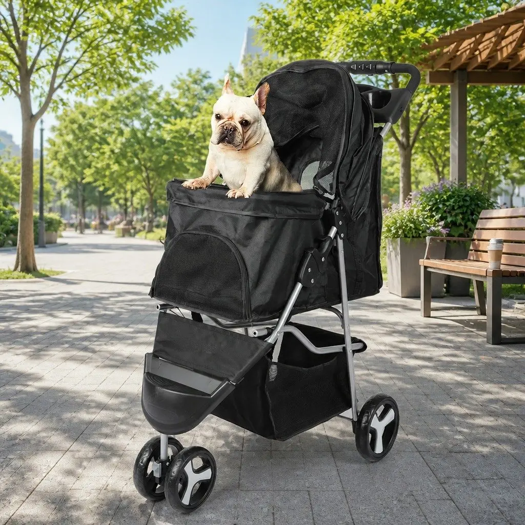 Pet Stroller Oxford Fabric Large Black Foldable Removable Cushion