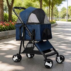 Pet Stroller Dog Cat Carrier Spacious Ventilated Canopy Spring Shock Wheels Blue