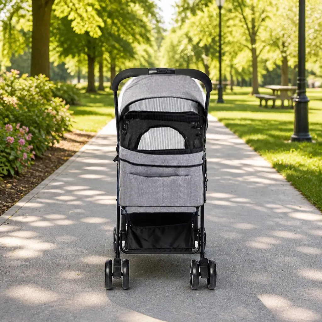 Pet Stroller Steel Grey 77cm x 51cm x 102cm Foldable Pushchair for Large Dog Cat Travel Carrier