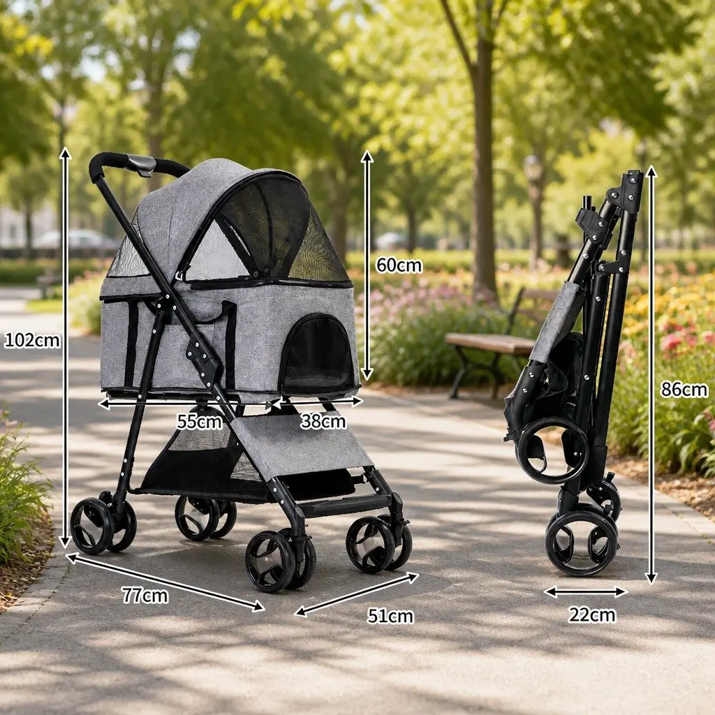 Pet Stroller Steel Grey 77cm x 51cm x 102cm Foldable Pushchair for Large Dog Cat Travel Carrier