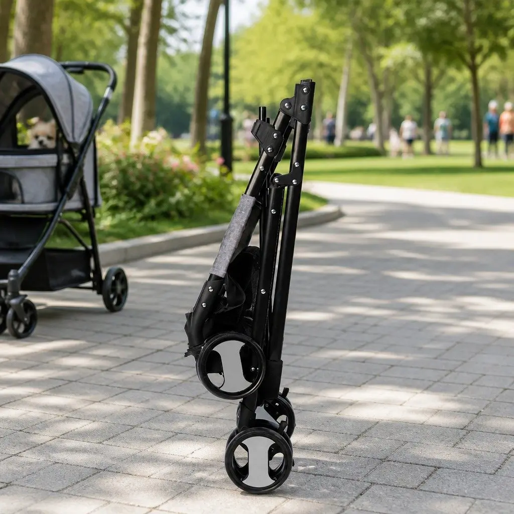 Pet Stroller Steel Grey 77cm x 51cm x 102cm Foldable Pushchair for Large Dog Cat Travel Carrier