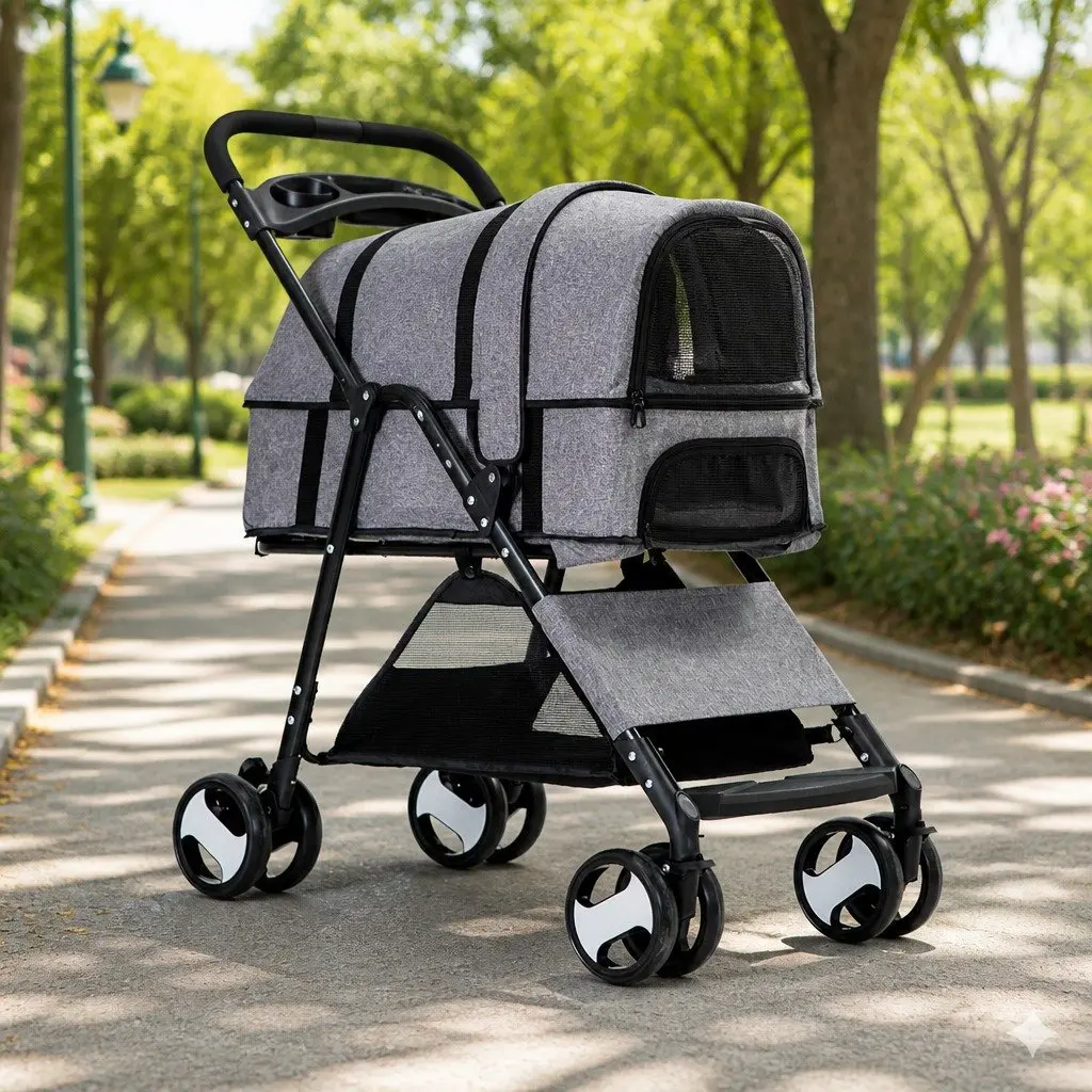Pet Stroller Steel Grey 77cm x 51cm x 102cm Foldable Pushchair for Large Dog Cat Travel Carrier