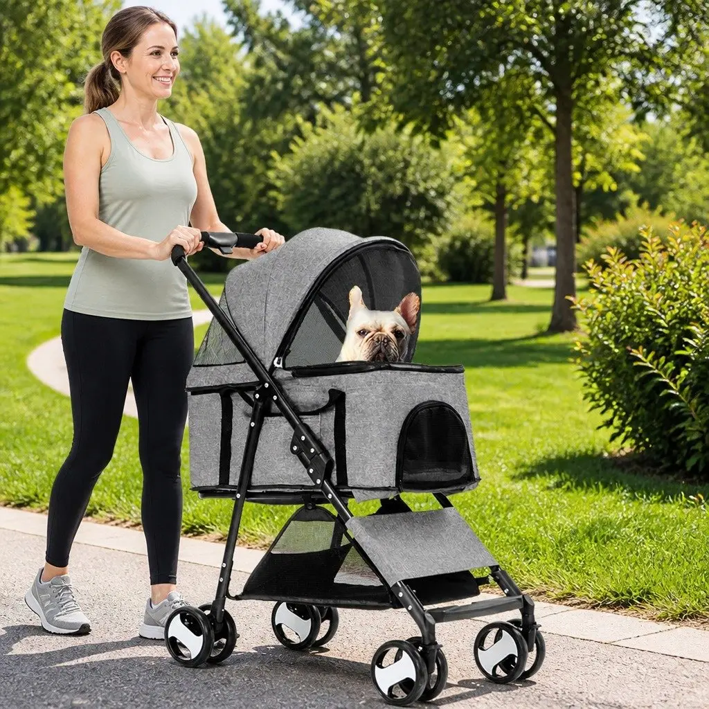 Pet Stroller Steel Grey 77cm x 51cm x 102cm Foldable Pushchair for Large Dog Cat Travel Carrier
