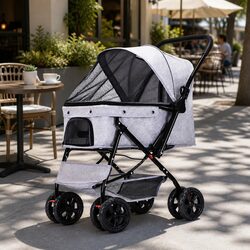 Durable Grey Pet Stroller for Cats and Dogs