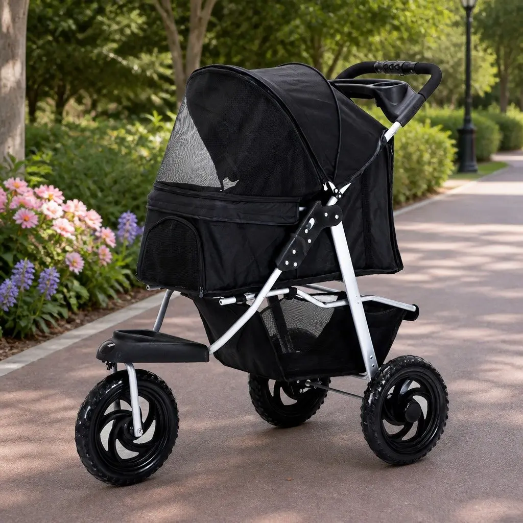 Pet Stroller Dog Cat Carrier Pram Elevated Design Foldable Wheels Basket