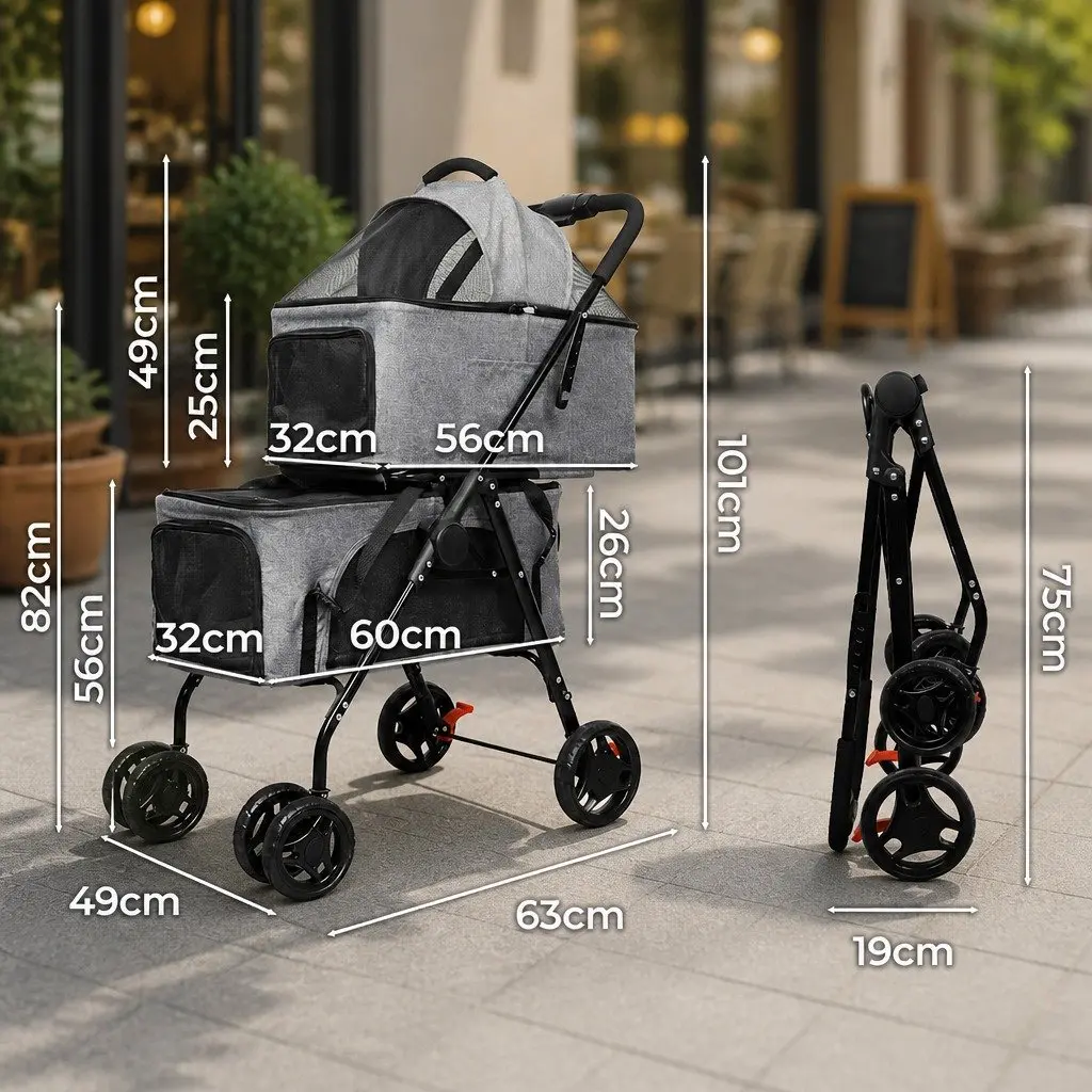 Two-Tier Pet Stroller Steel Imitation Linen Grey