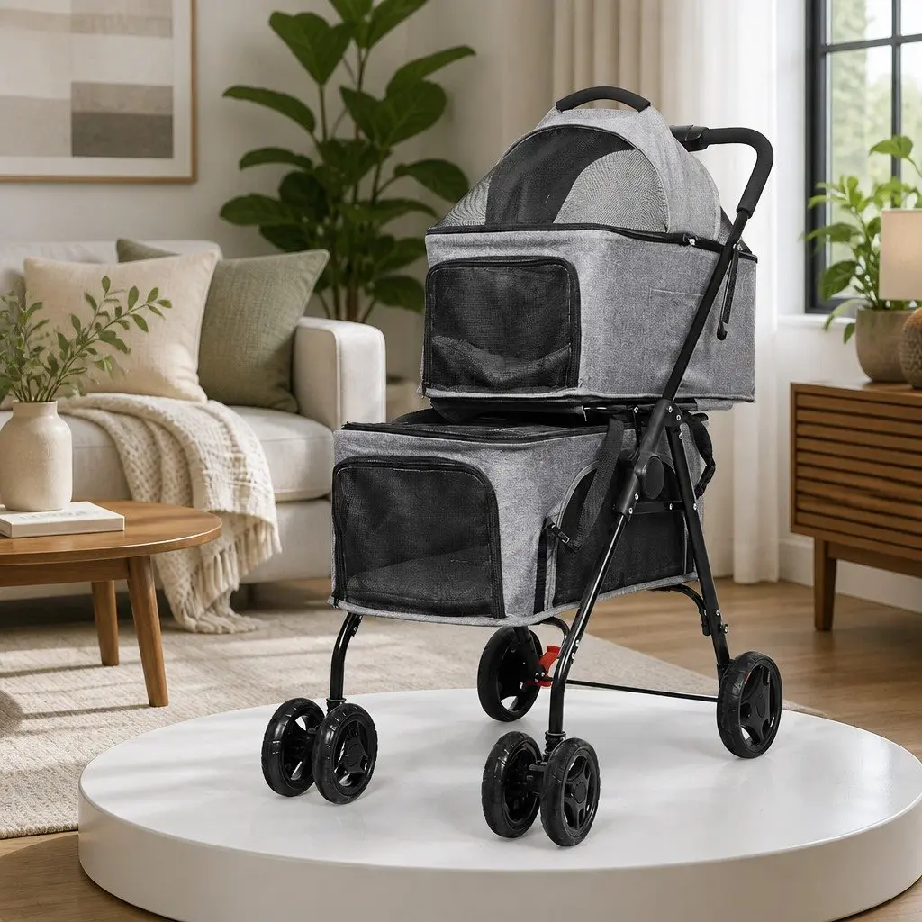 Two-Tier Pet Stroller Steel Imitation Linen Grey