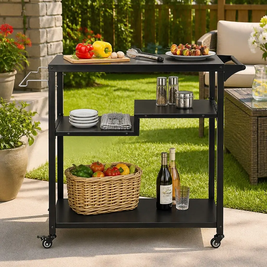 Outdoor Kitchen Cart Iron Metal Frame 3 Tier Black