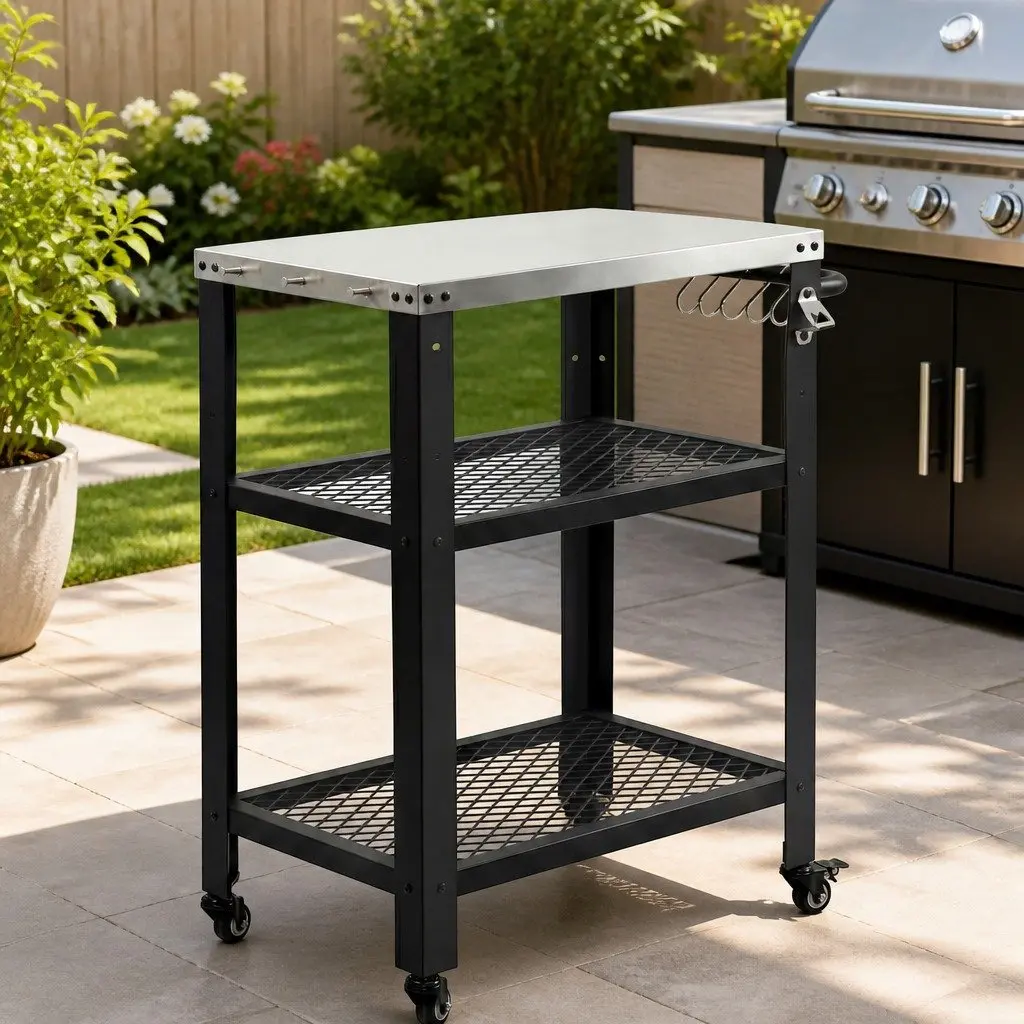 Stainless Steel Mobile BBQ Grill Trolley for Outdoor Cooking