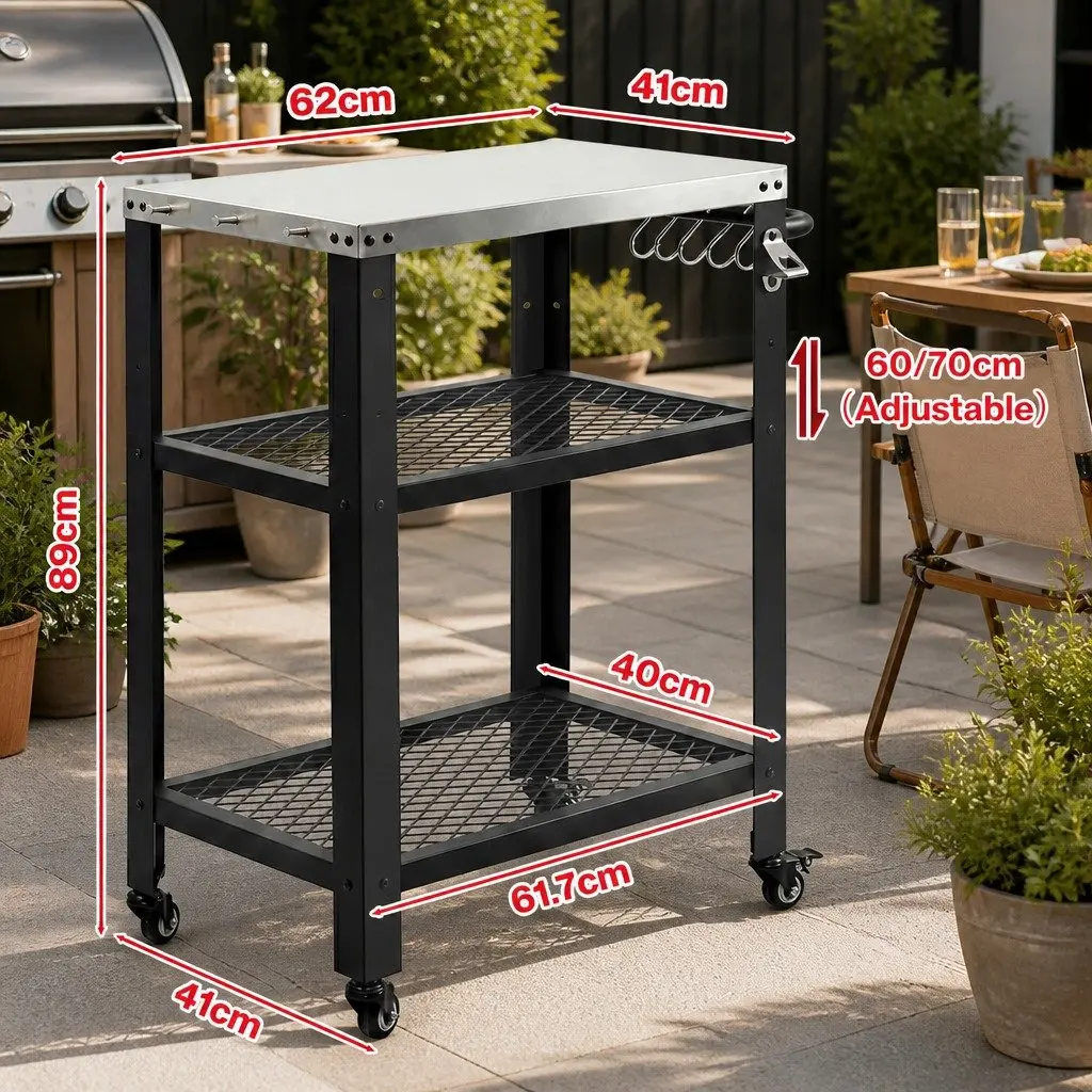 Outdoor Kitchen Cart Stainless Steel Mobile BBQ Grill Trolley Black 74cm x 41cm x 89cm