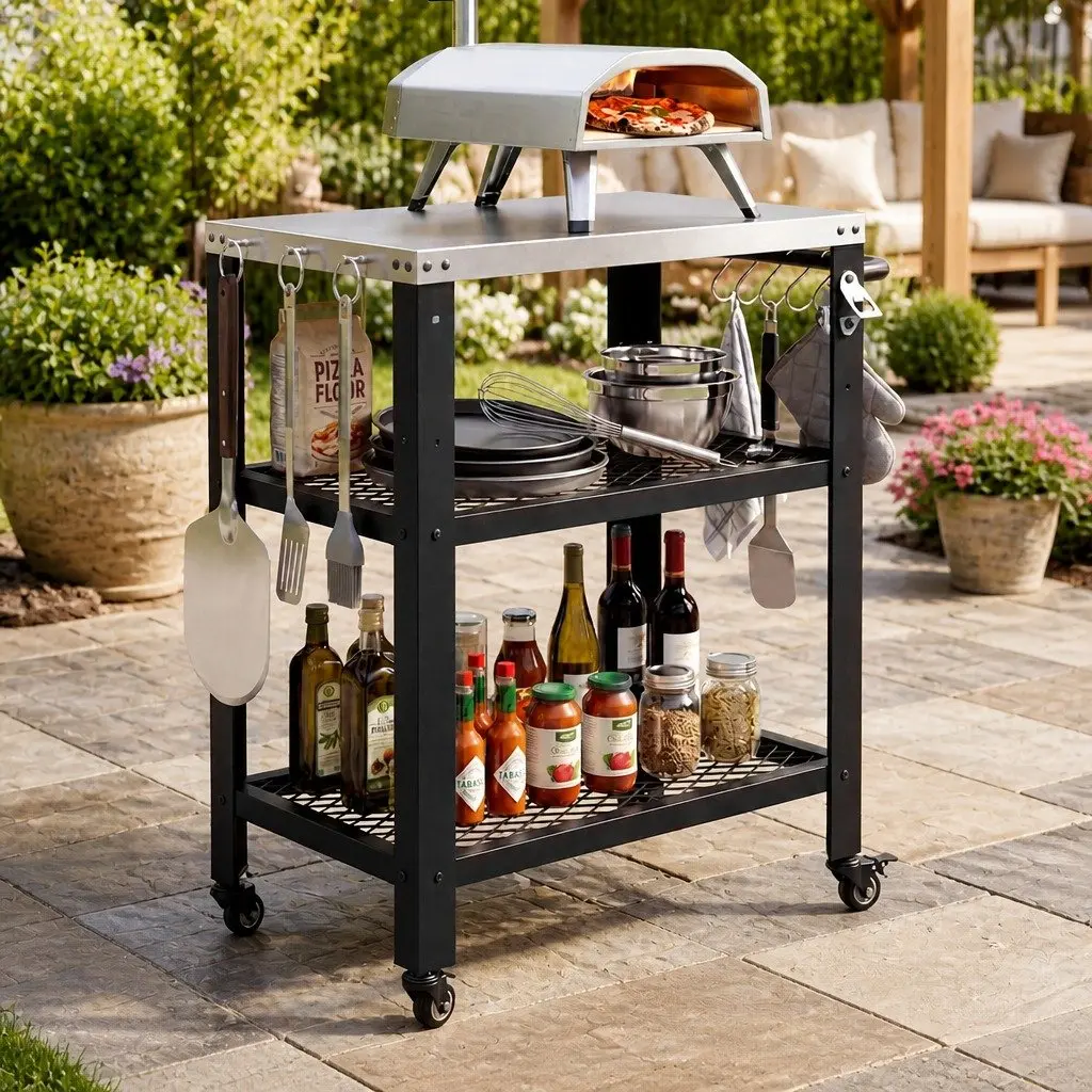 Outdoor Kitchen Cart Stainless Steel Mobile BBQ Grill Trolley Black 74cm x 41cm x 89cm