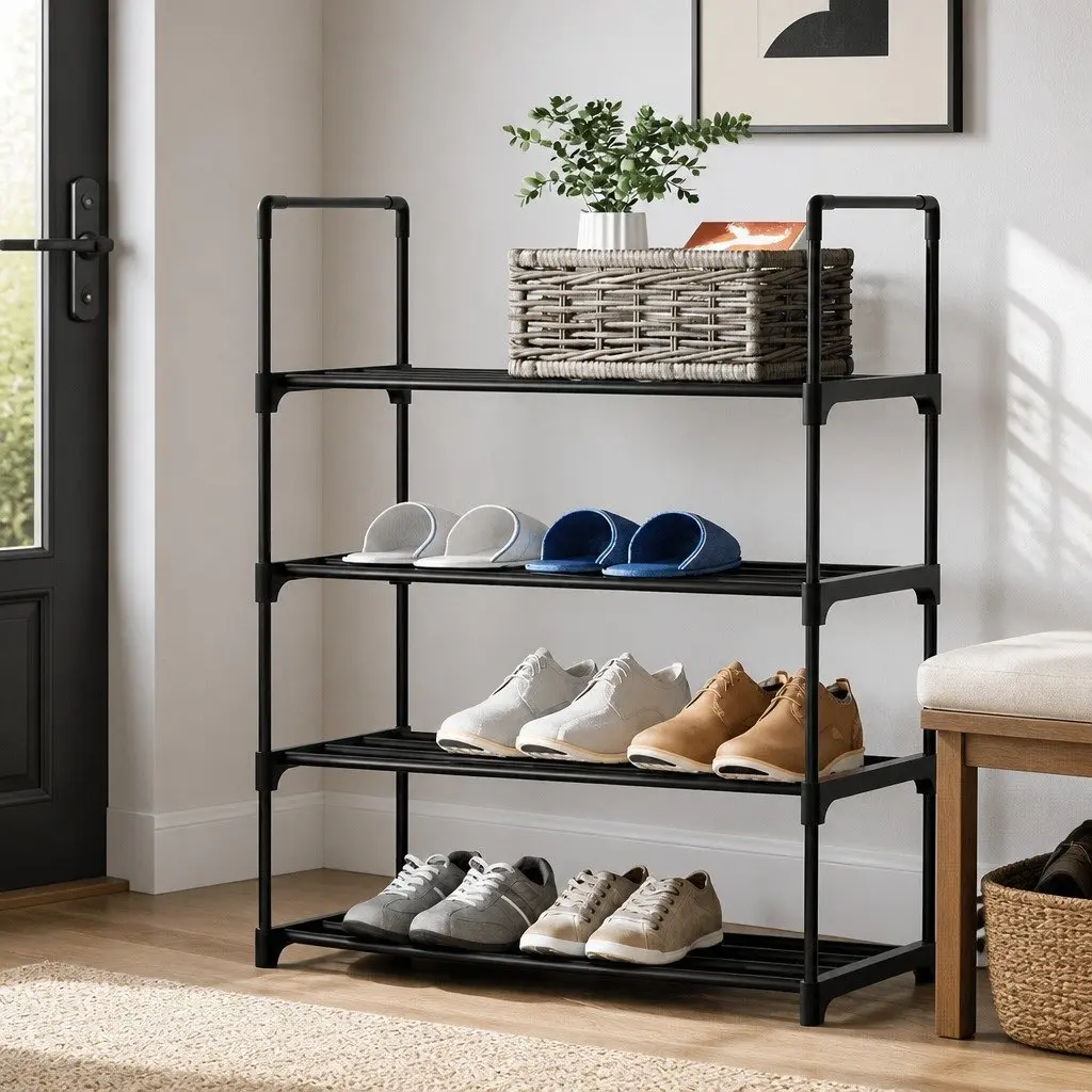 Shoe Rack Cabinet 4-Tier Stackable Storage Organizer 12 Pairs Black Metal Frame
