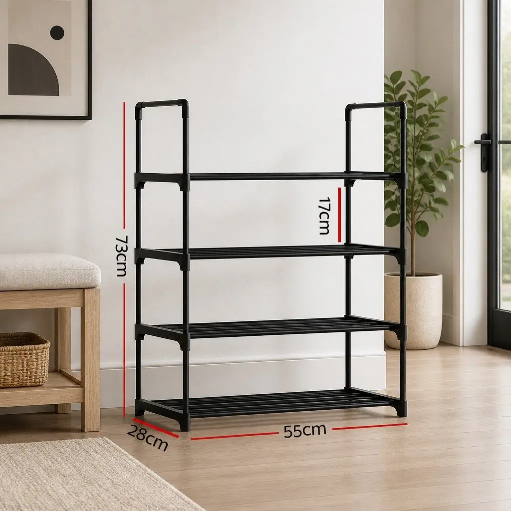 Shoe Rack Cabinet 4-Tier Stackable Storage Organizer 12 Pairs Black Metal Frame