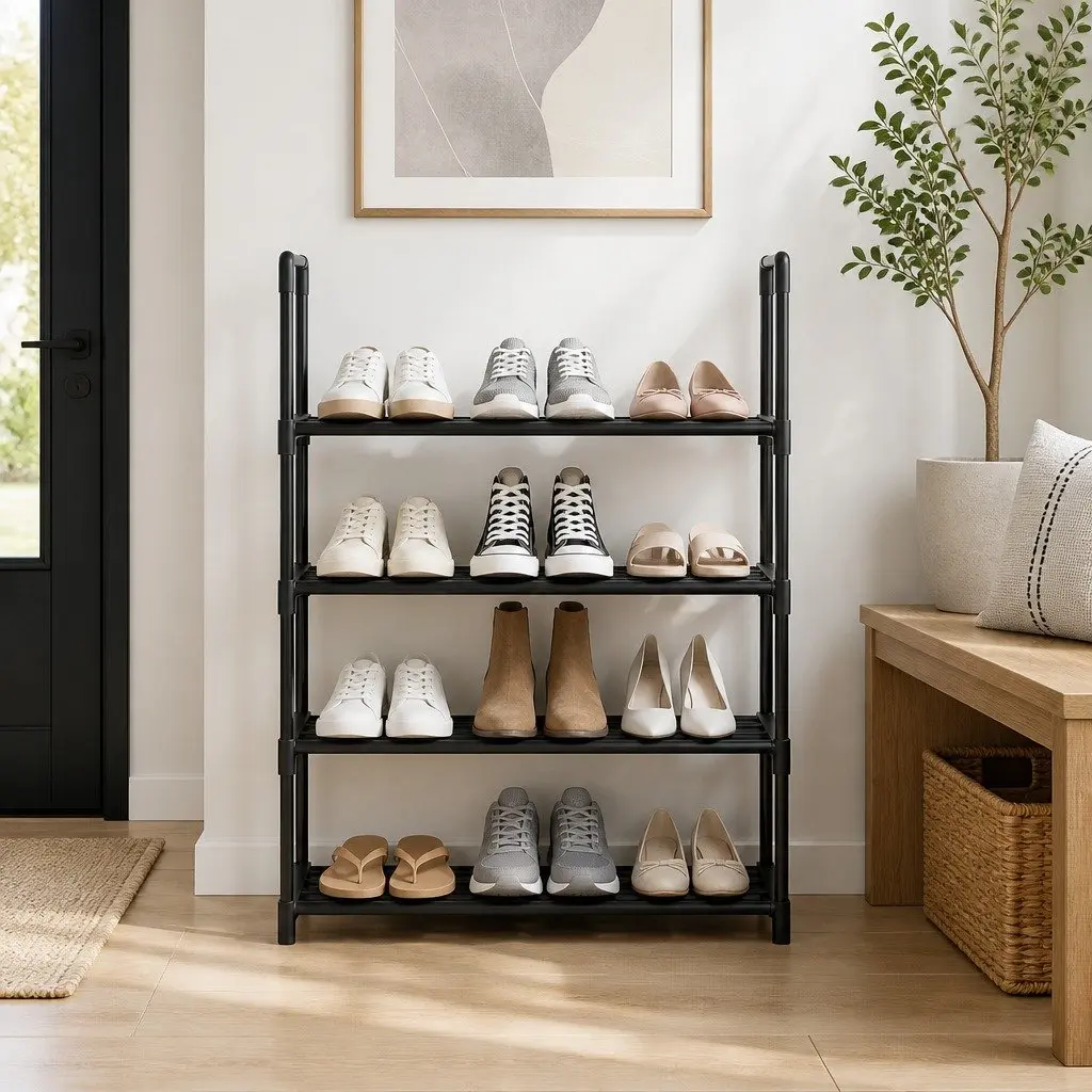 Shoe Rack Cabinet 4-Tier Stackable Storage Organizer 12 Pairs Black Metal Frame