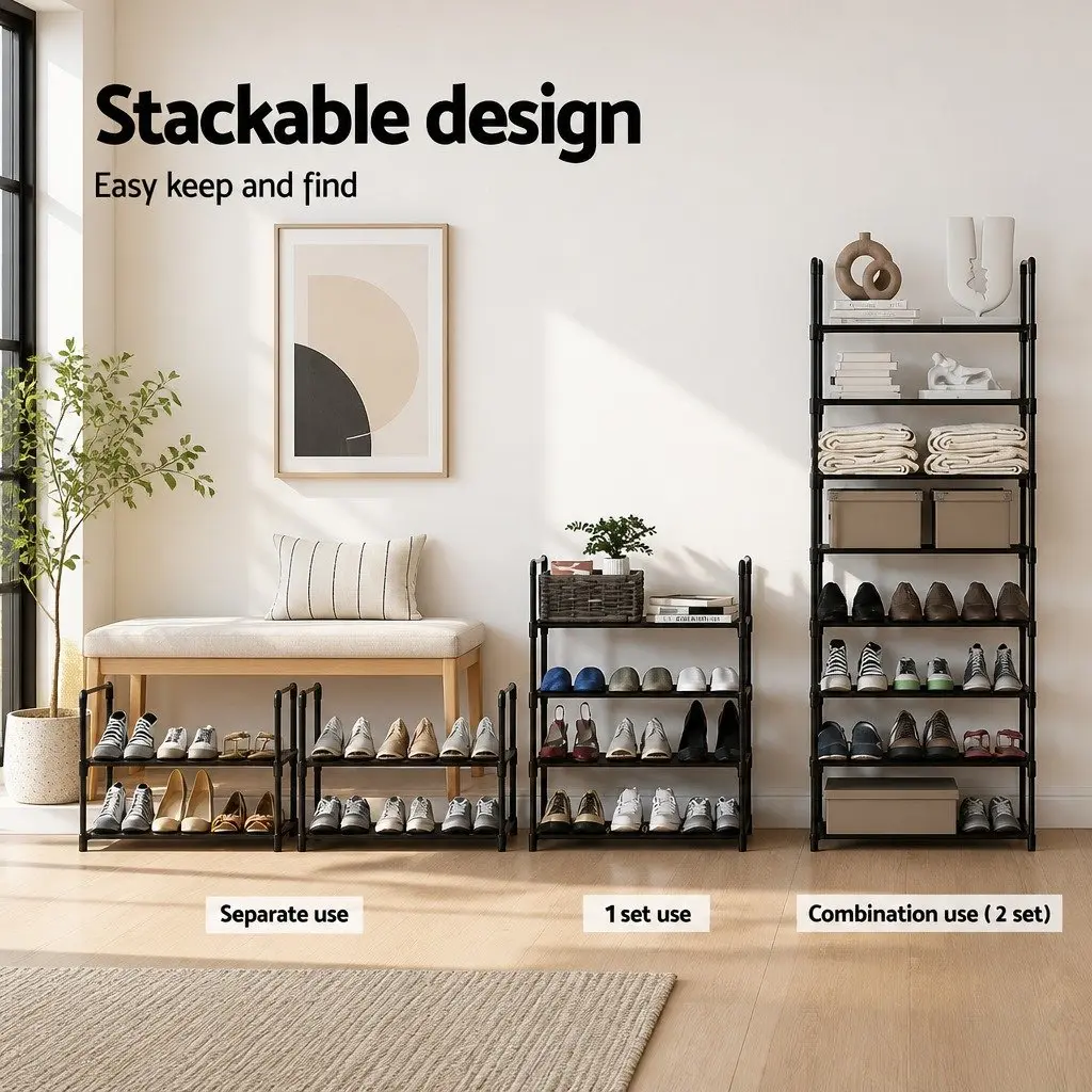 Shoe Rack Cabinet 4-Tier Stackable Storage Organizer 12 Pairs Black Metal Frame