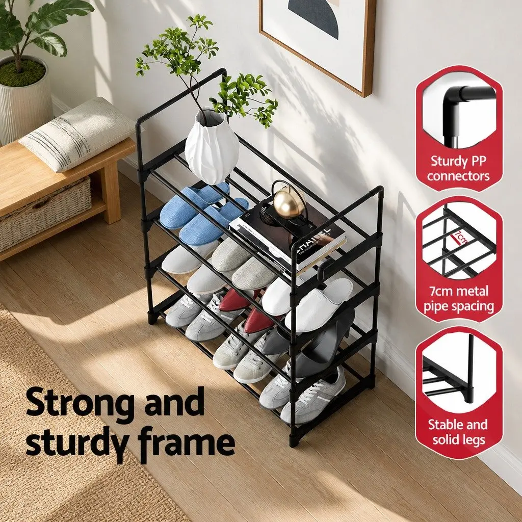 Shoe Rack Cabinet 4-Tier Stackable Storage Organizer 12 Pairs Black Metal Frame